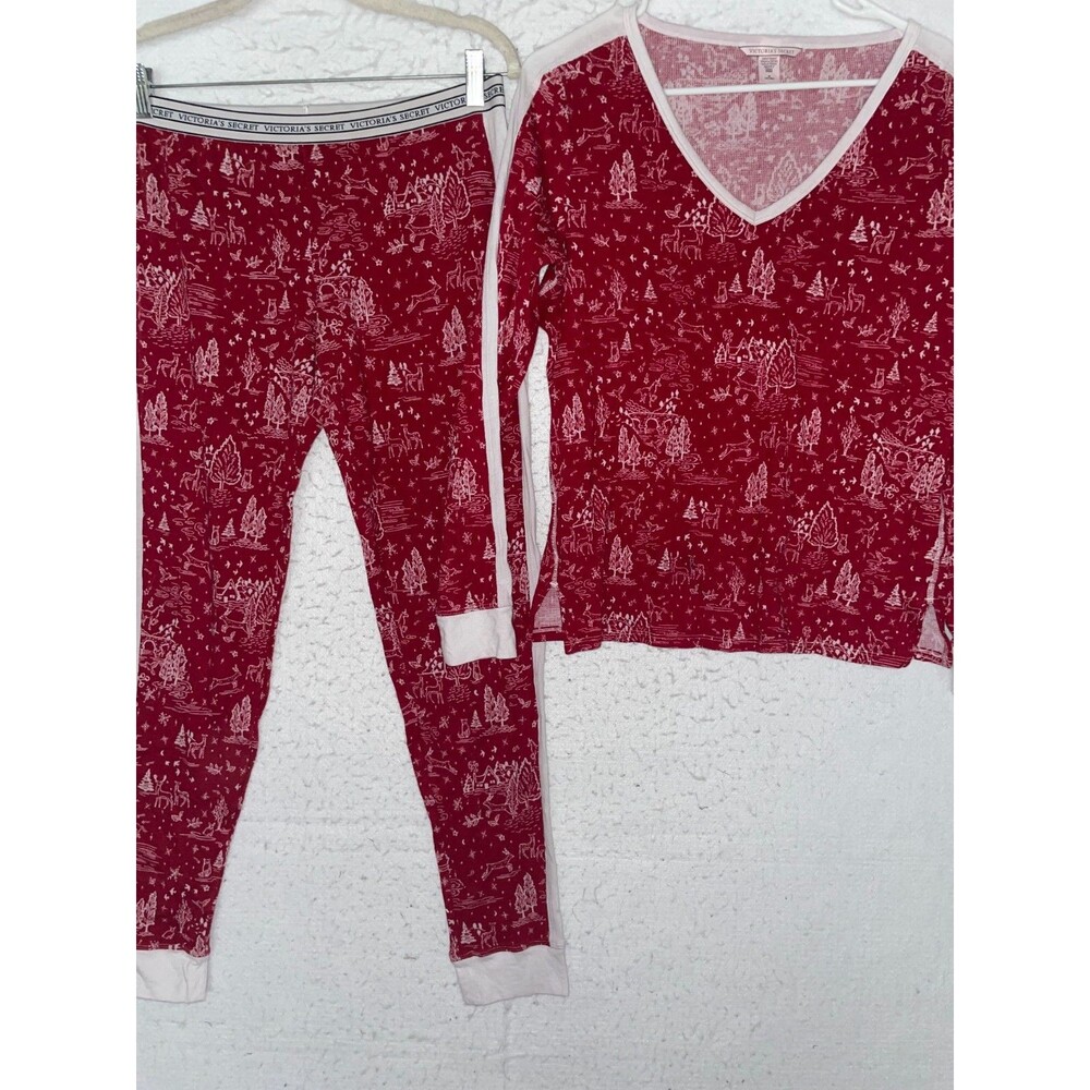 Victoria Secret Thermal Long Pajama Set Red Whimsical Forest Sz M cotton V-neck